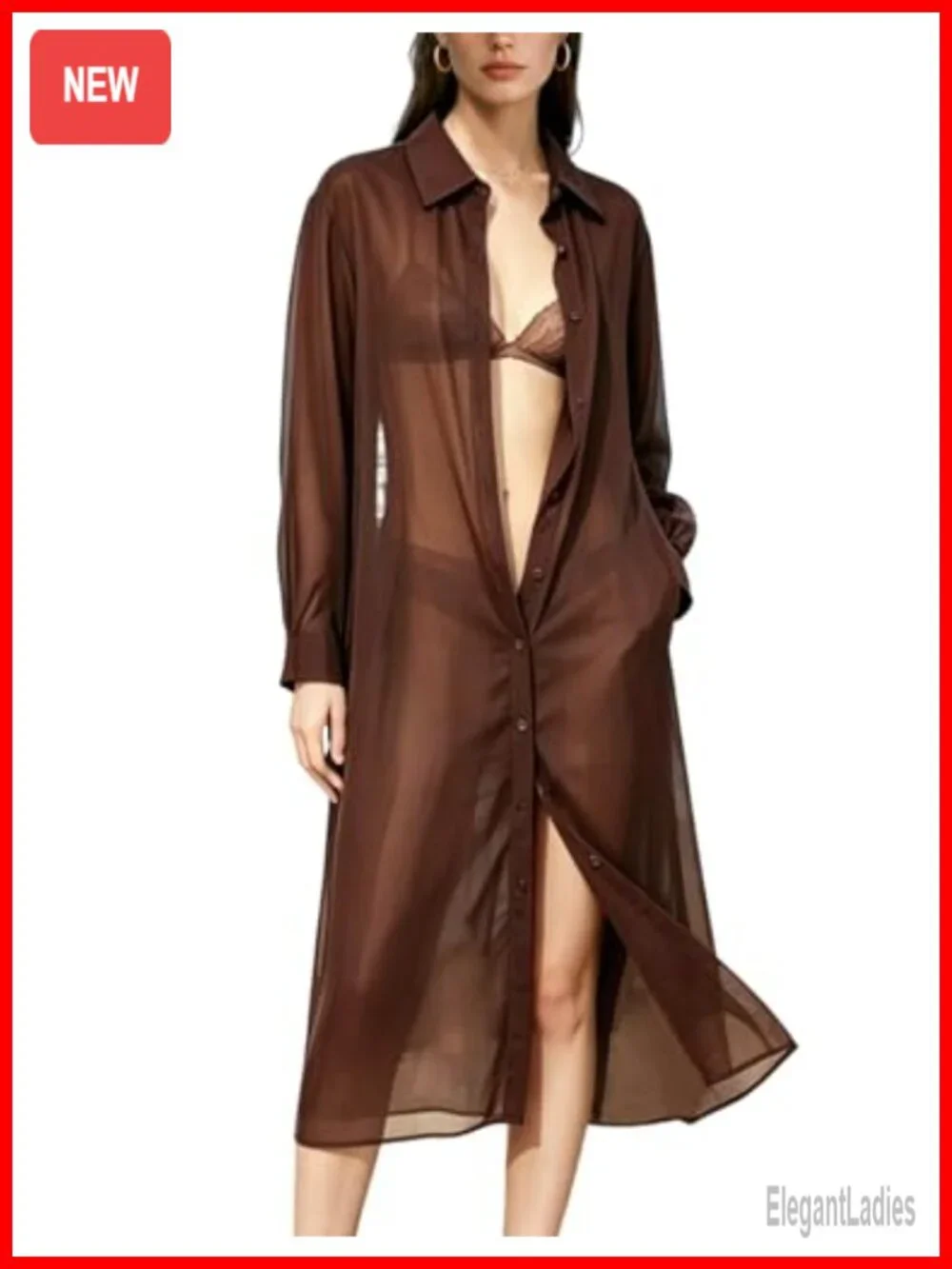 Sheer Mesh Button Down Cover Up Top Long Sleeve Beach Swimsuit